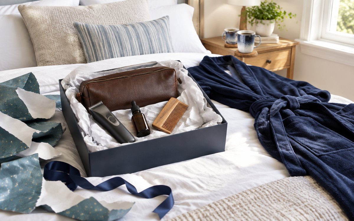 A just-opened birthday gift box of men’s grooming things on a bed, with wrapping paper and a navy bathrobe