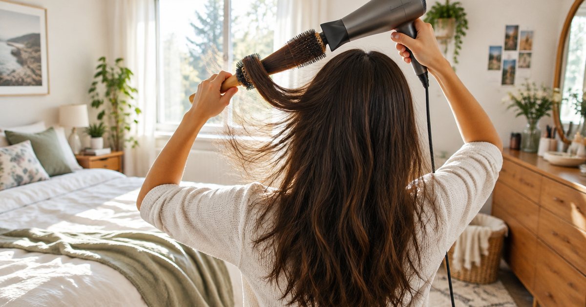 A woman blow-drying her long dark hair with a hair dryer and a round brush, seen from behind, hair lifting in the airflow, bright bedroom