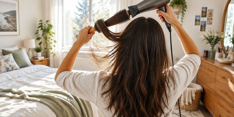 A woman blow-drying her long dark hair with a hair dryer and a round brush, seen from behind, hair lifting in the airflow, bright bedroom
