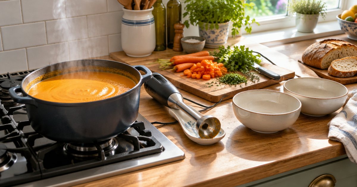 A pan of freshly blended vegetable soup on the hob with a stick blender resting beside it and bowls ready
