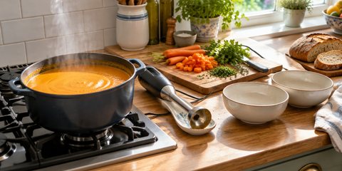 A pan of freshly blended vegetable soup on the hob with a stick blender resting beside it and bowls ready