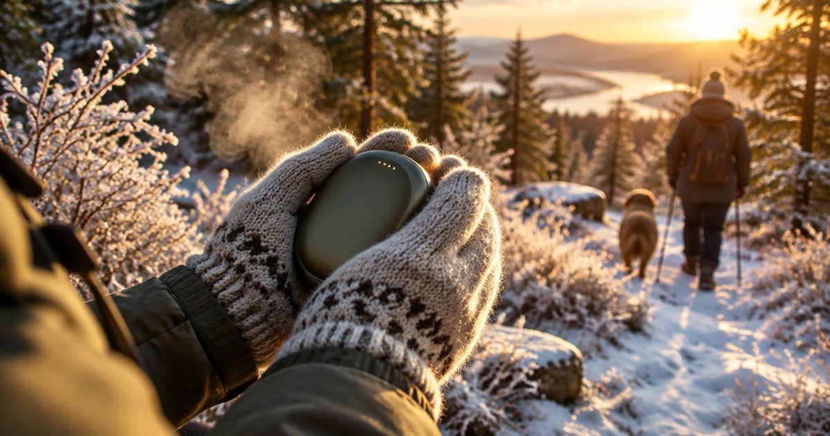 Gloved hands cupping a small rechargeable hand warmer on a frosty winter woodland walk, breath in the cold air, golden low sun
