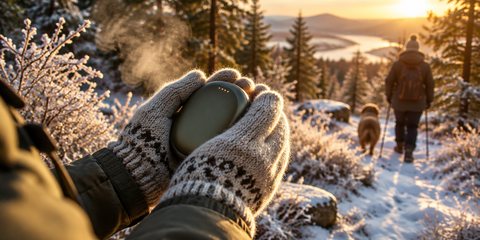 Gloved hands cupping a small rechargeable hand warmer on a frosty winter woodland walk, breath in the cold air, golden low sun