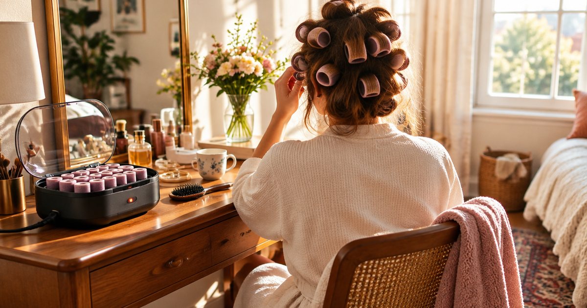 A woman sitting at a dressing table with heated rollers in her hair, seen from behind, the open roller case warming beside her, warm morning light
