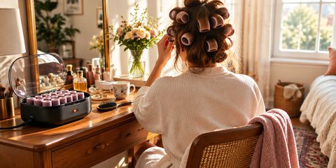 A woman sitting at a dressing table with heated rollers in her hair, seen from behind, the open roller case warming beside her, warm morning light