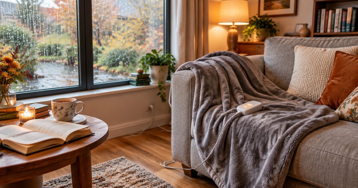 A grey heated throw draped over a sofa with its controller lit, tea and a book on the side table on a rainy afternoon