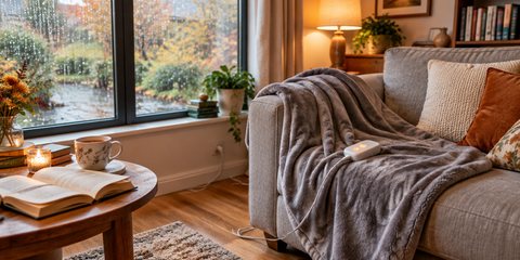A grey heated throw draped over a sofa with its controller lit, tea and a book on the side table on a rainy afternoon