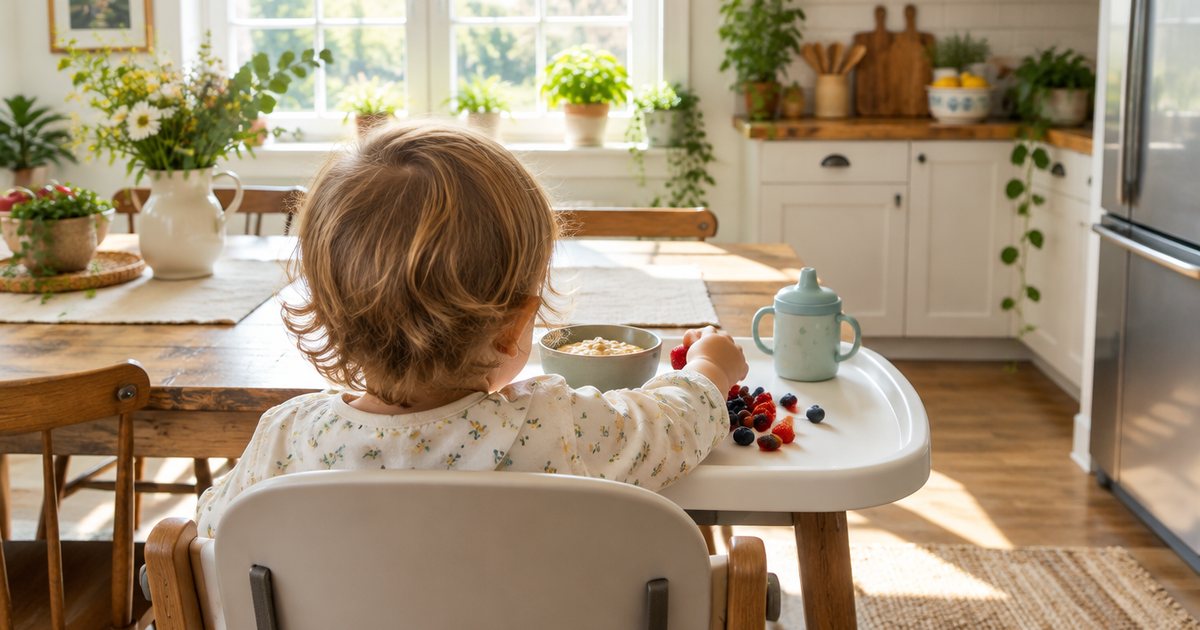 A toddler seen from behind in a high chair at the dining table, picking berries from the tray