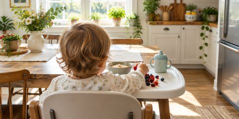 A toddler seen from behind in a high chair at the dining table, picking berries from the tray