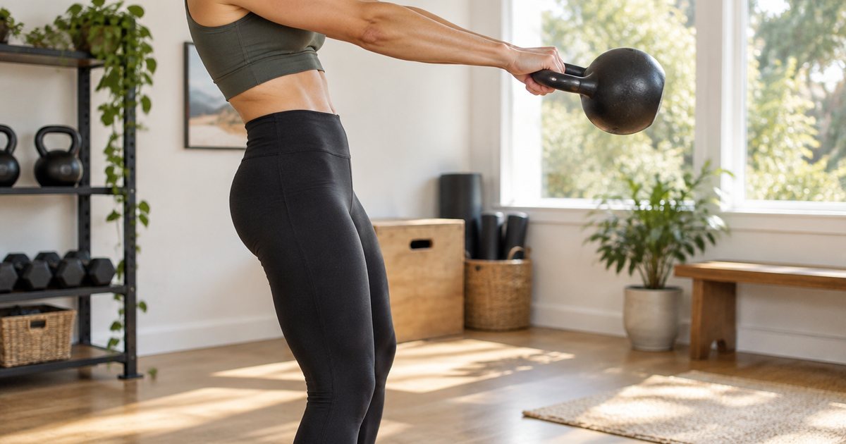 A person mid kettlebell swing in a bright home gym, cropped at the shoulders