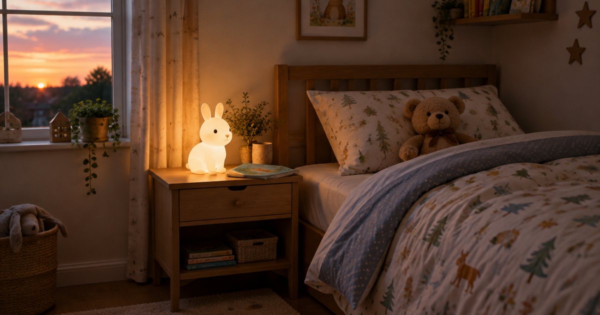 A child's bedroom at bedtime, a cute bunny night light glowing on the bedside table and a teddy on the turned-down bed