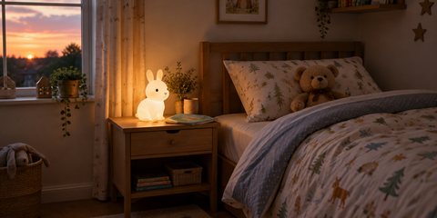 A child's bedroom at bedtime, a cute bunny night light glowing on the bedside table and a teddy on the turned-down bed