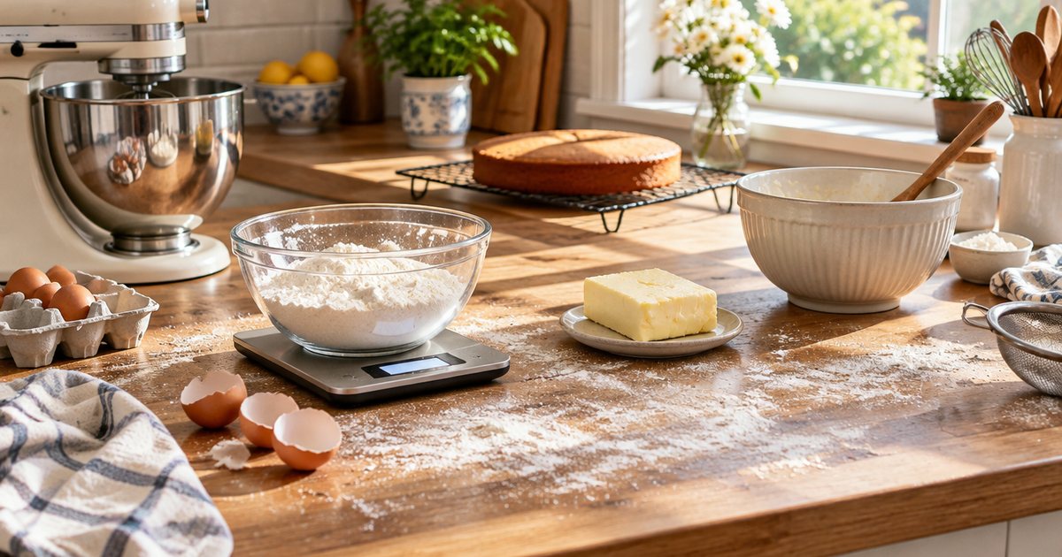 A bowl of flour on digital kitchen scales mid-bake, with eggs, butter, a stand mixer and a sponge cooling behind