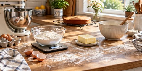 A bowl of flour on digital kitchen scales mid-bake, with eggs, butter, a stand mixer and a sponge cooling behind