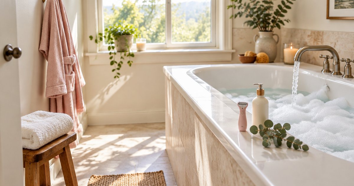 A bright bathroom with a bubble bath running and a small pink lady shaver on the bath edge beside body lotion