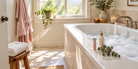 A bright bathroom with a bubble bath running and a small pink lady shaver on the bath edge beside body lotion