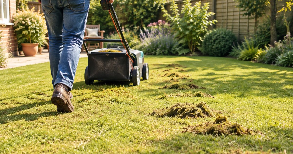 A person pushing an electric lawn scarifier across a garden lawn, seen from the waist down from behind, small piles of raked-out moss on the grass, sunny afternoon
