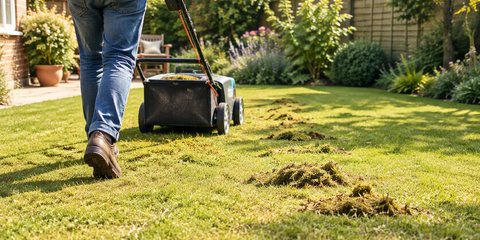 A person pushing an electric lawn scarifier across a garden lawn, seen from the waist down from behind, small piles of raked-out moss on the grass, sunny afternoon