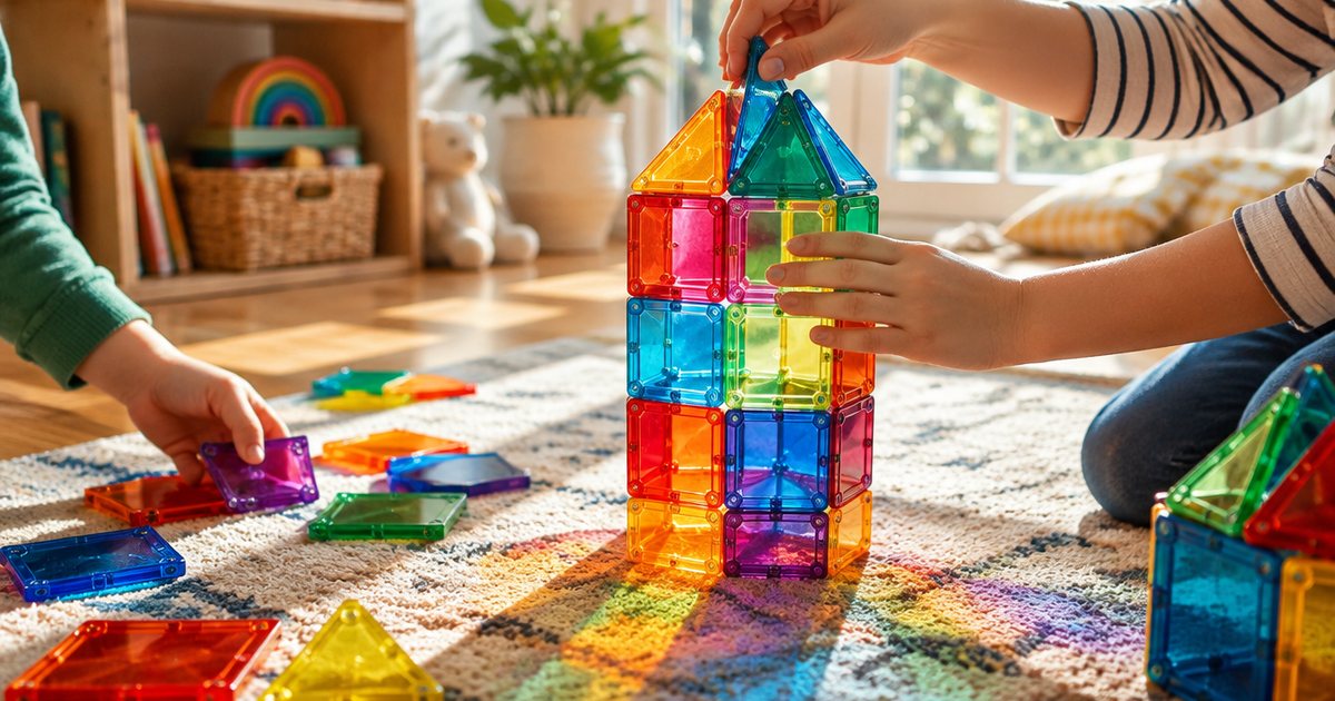 Children's hands building a colourful tower from translucent magnetic tiles on a playroom floor, sunlight shining through the coloured tiles