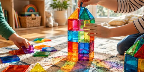 Children's hands building a colourful tower from translucent magnetic tiles on a playroom floor, sunlight shining through the coloured tiles