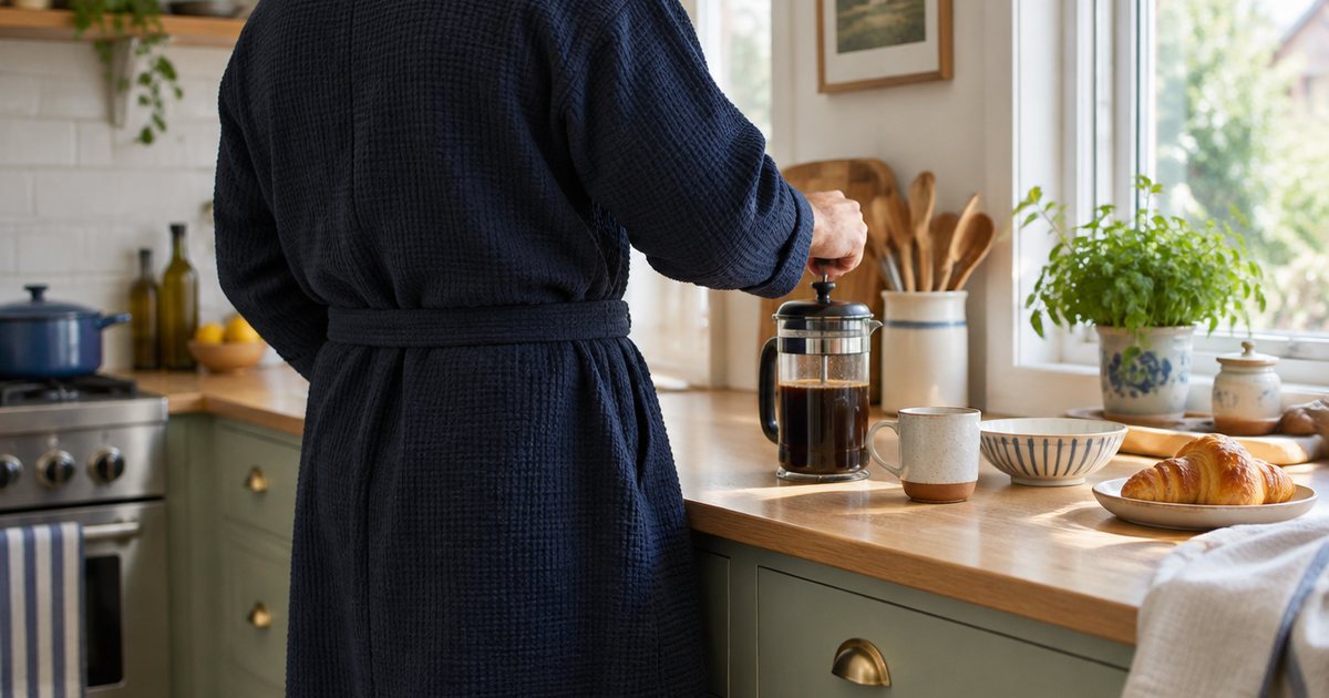 A man in a navy waffle dressing gown making coffee in the kitchen on a slow Sunday morning, seen from behind and cropped at the shoulders