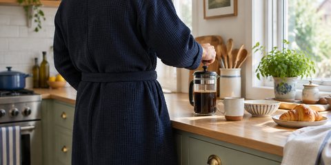 A man in a navy waffle dressing gown making coffee in the kitchen on a slow Sunday morning, seen from behind and cropped at the shoulders