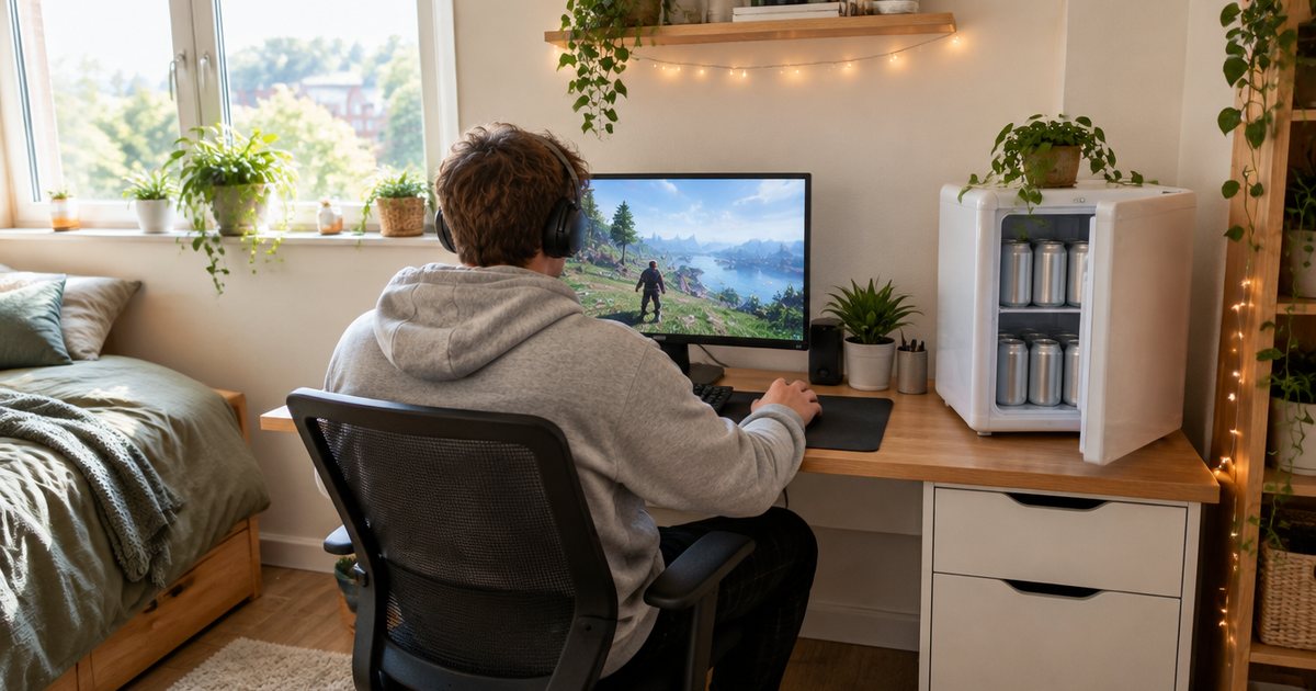 A student seen from behind gaming at his desk, a small white mini fridge on the end of the desk