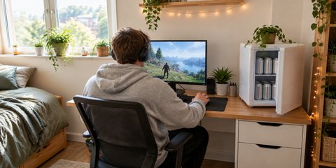 A student seen from behind gaming at his desk, a small white mini fridge on the end of the desk