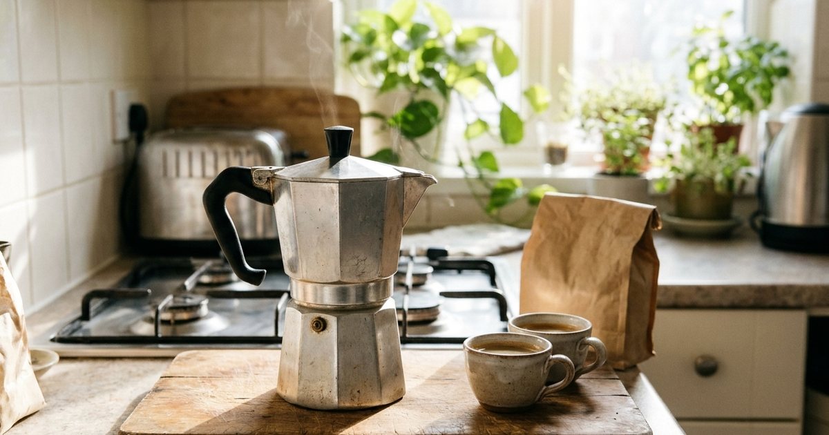 A silver moka pot on a wooden board beside two small cups of fresh coffee in a sunny kitchen