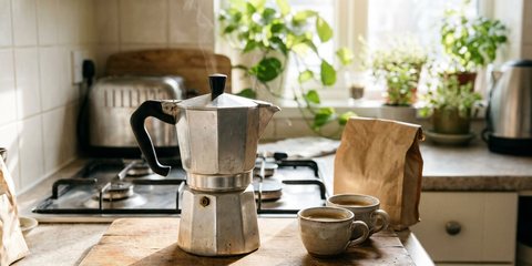 A silver moka pot on a wooden board beside two small cups of fresh coffee in a sunny kitchen