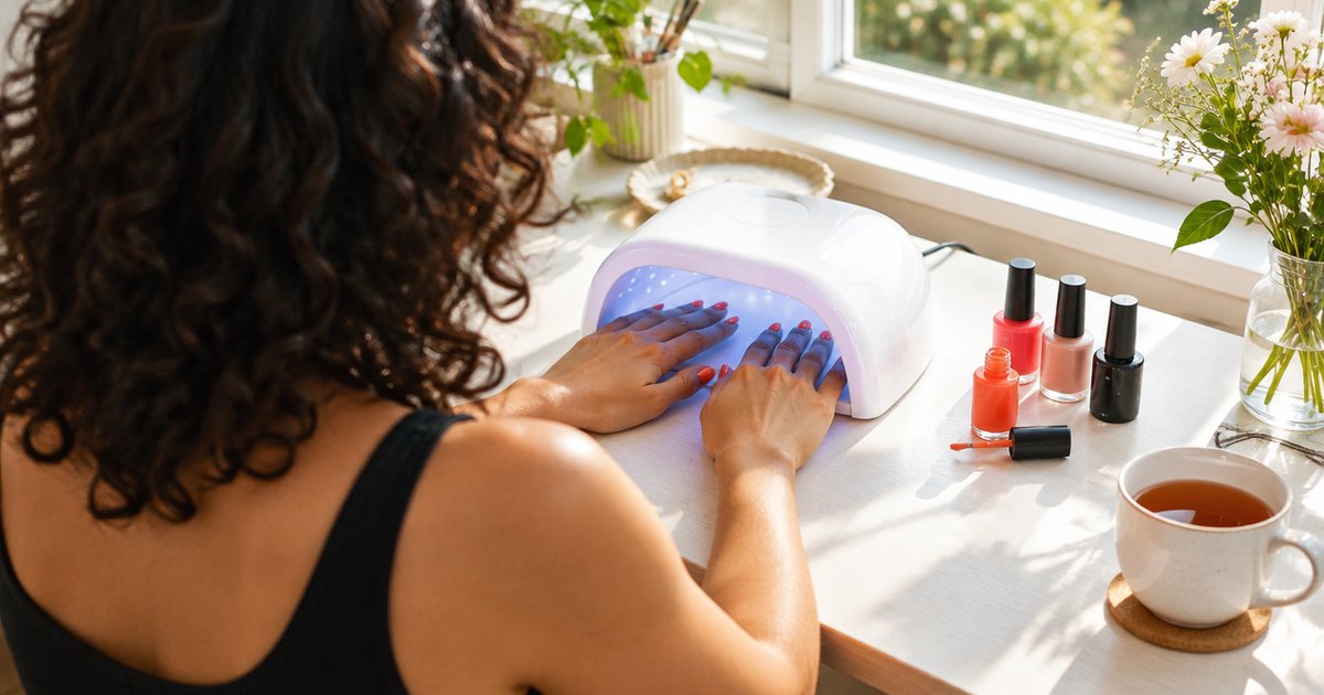 A woman seen from over her shoulder curing freshly painted gel nails in a white UV nail lamp