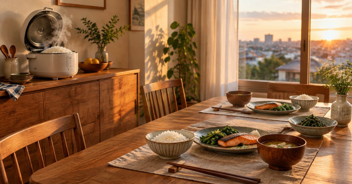 A rice cooker steaming on the sideboard, bowls of rice served with salmon and greens on the dinner table