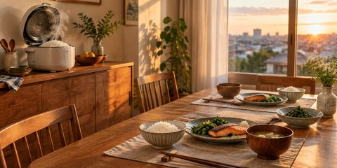 A rice cooker steaming on the sideboard, bowls of rice served with salmon and greens on the dinner table