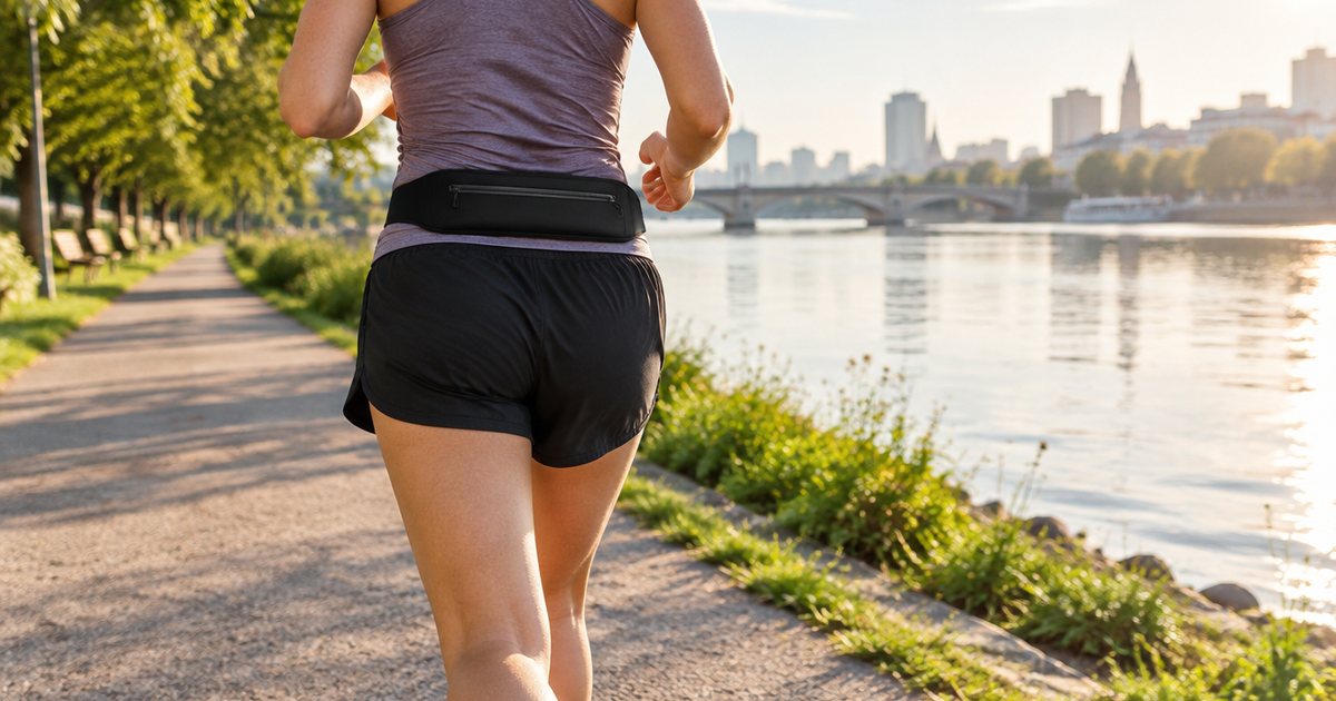 A runner jogging along a riverside path wearing a slim black running belt around the waist, seen from behind and cropped from mid-back to knees, morning light