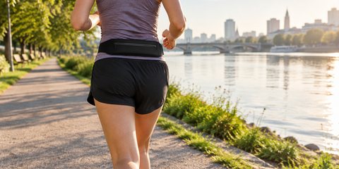 A runner jogging along a riverside path wearing a slim black running belt around the waist, seen from behind and cropped from mid-back to knees, morning light