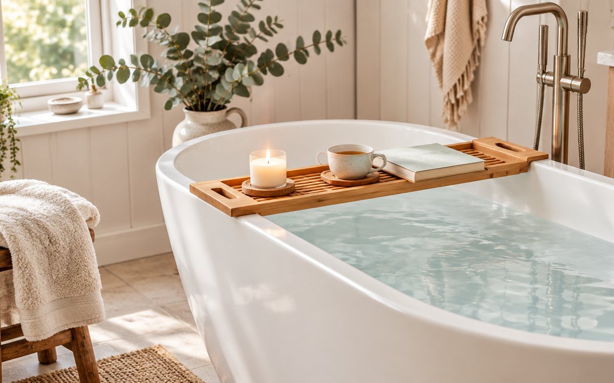 A bamboo bath tray resting across a freestanding bath, holding a candle, a cup of tea and a book