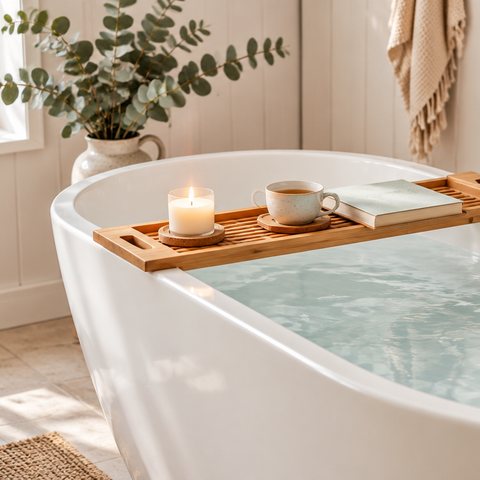 A bamboo bath tray resting across a freestanding bath, holding a candle, a cup of tea and a book