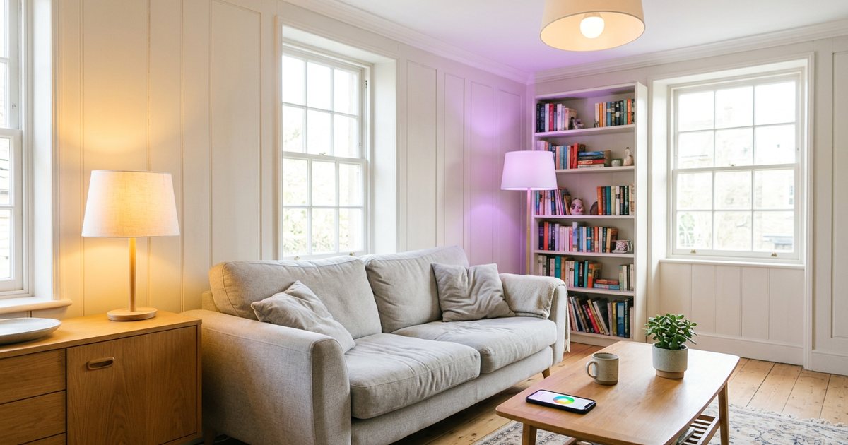 A bright sitting room with a warm table lamp, a lilac-lit floor lamp and a phone showing a colour wheel on the coffee table