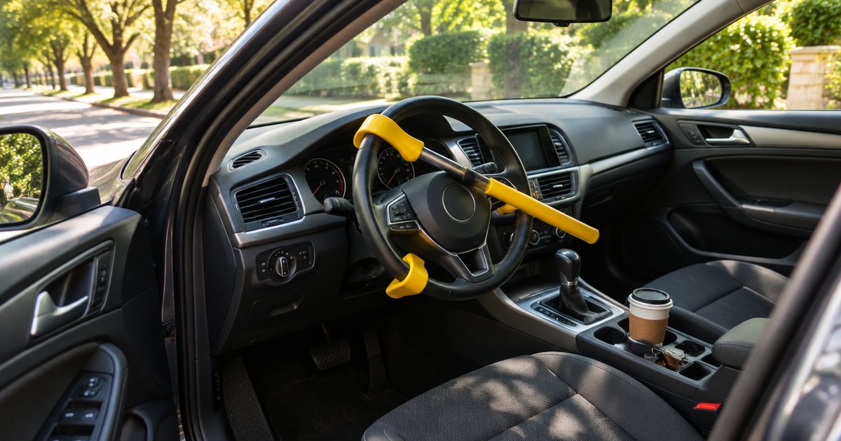 A bright yellow steering wheel lock fitted across the steering wheel of a car parked on a sunny tree-lined street
