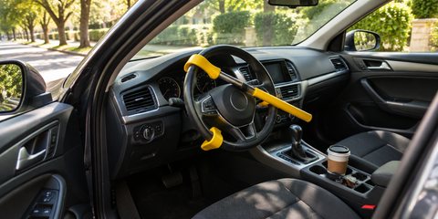 A bright yellow steering wheel lock fitted across the steering wheel of a car parked on a sunny tree-lined street