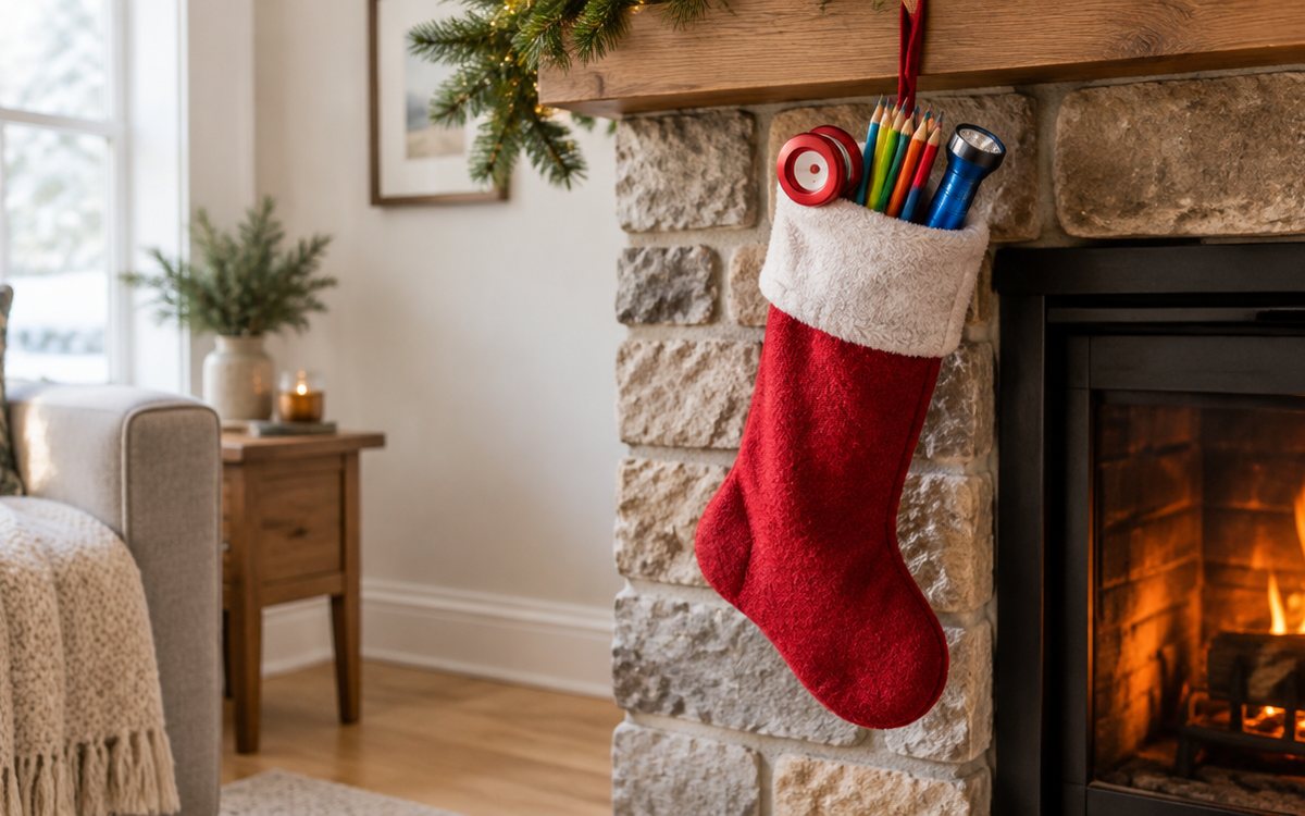 A red Christmas stocking hanging by a fireplace with small unbranded toys peeking out of the top: a yo-yo, colouring pencils and a small torch, warm cosy light