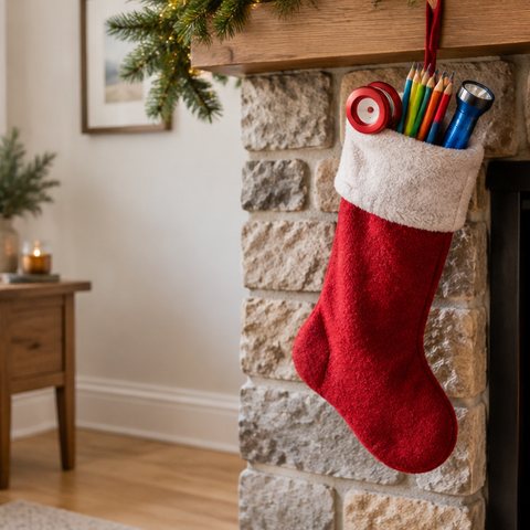 A red Christmas stocking hanging by a fireplace with small unbranded toys peeking out of the top: a yo-yo, colouring pencils and a small torch, warm cosy light