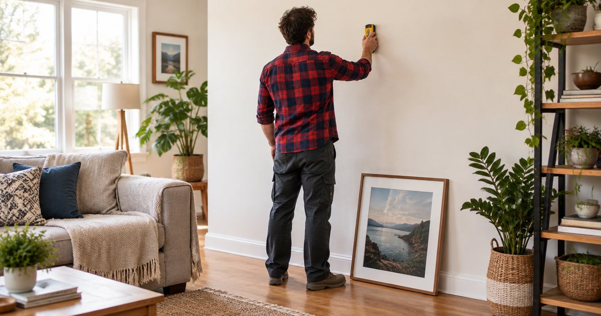 A man seen from behind sliding a stud finder across a living room wall, a framed print waiting to be hung