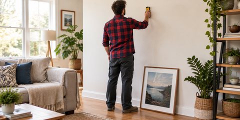 A man seen from behind sliding a stud finder across a living room wall, a framed print waiting to be hung