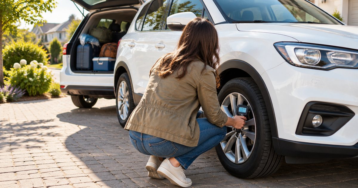 A woman crouched by a car’s front wheel on a sunny driveway, checking the tire with a digital pressure gauge