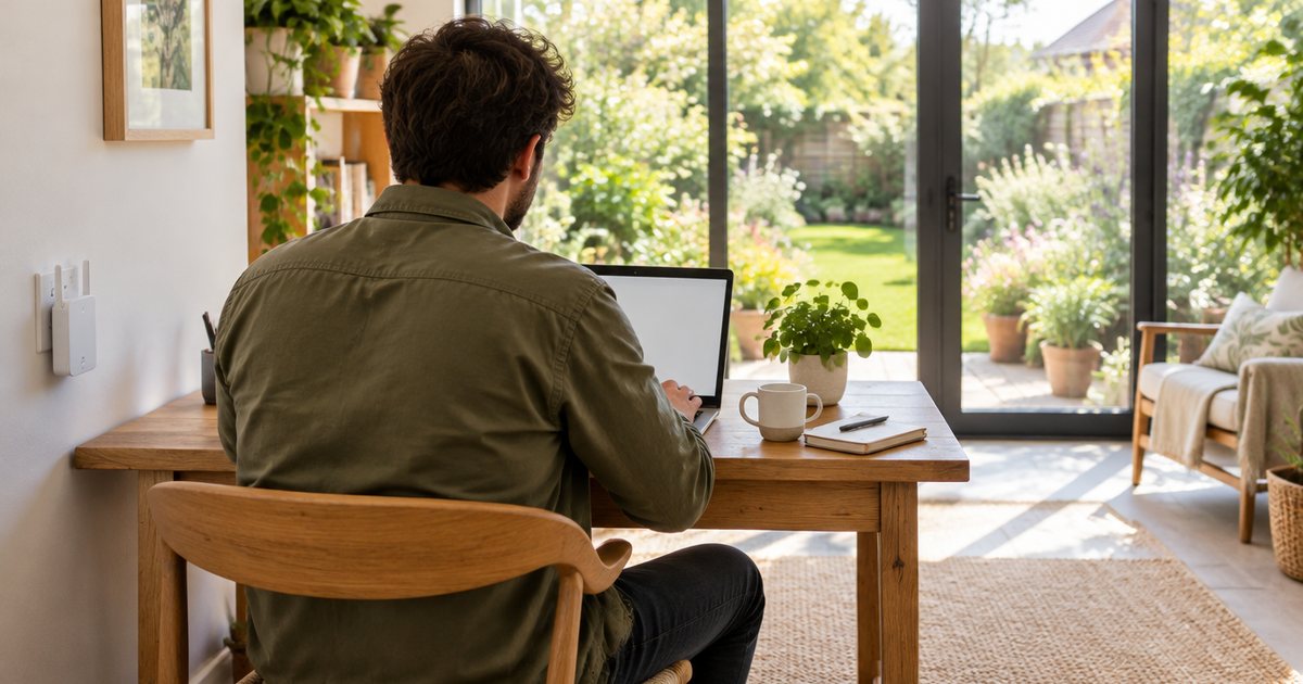 A man working on a laptop in a bright garden room, a small white Wi-Fi extender plugged into the wall nearby