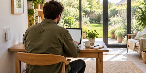 A man working on a laptop in a bright garden room, a small white Wi-Fi extender plugged into the wall nearby
