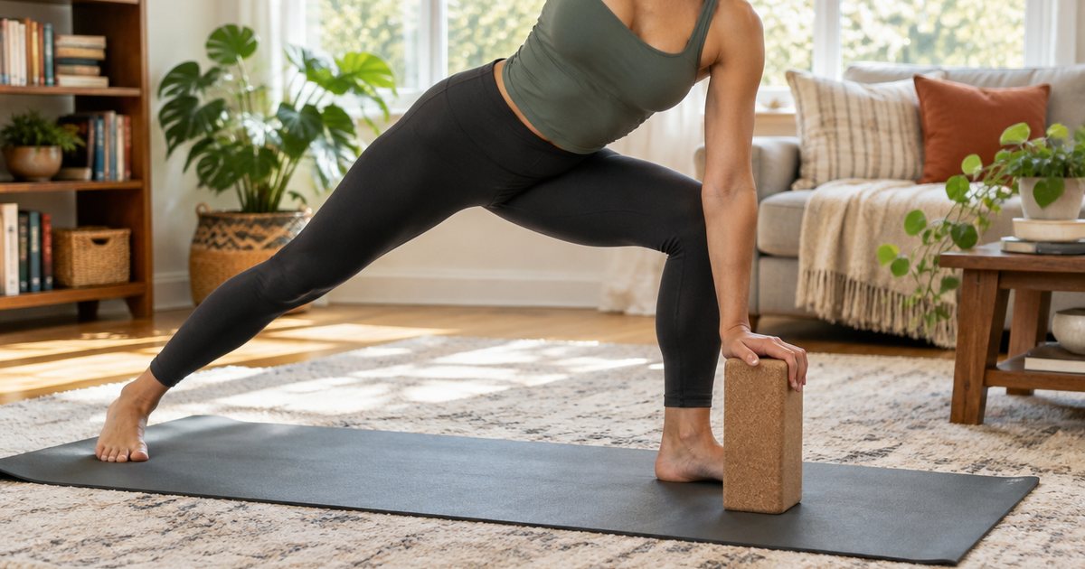 A person in a yoga pose with one hand resting on a cork yoga block on a mat in a bright living room, cropped at the shoulders